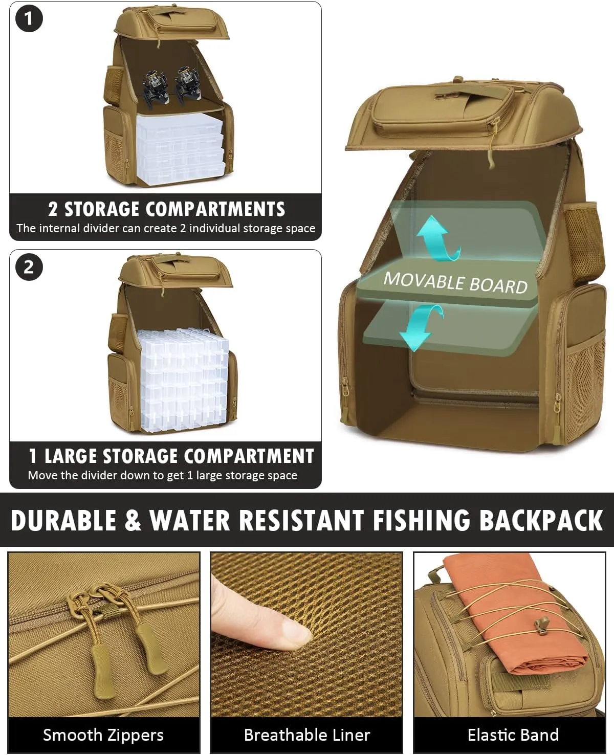 HAMBOLY Fishing Backpack with Tackle Boxes, 50L Fishing Tackle Bag with Cooler & Rod Holders, Waterproof Fishing Bag for Men