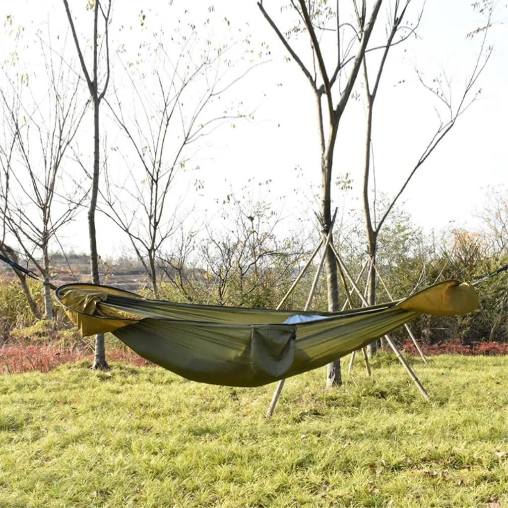 Hammock New Sunshade Quick-Open Pole Hammock Sheet Double Outdoor Camping Anti-Rollover Anti-Mosquito Hammock Hammocks for Outside(Green)