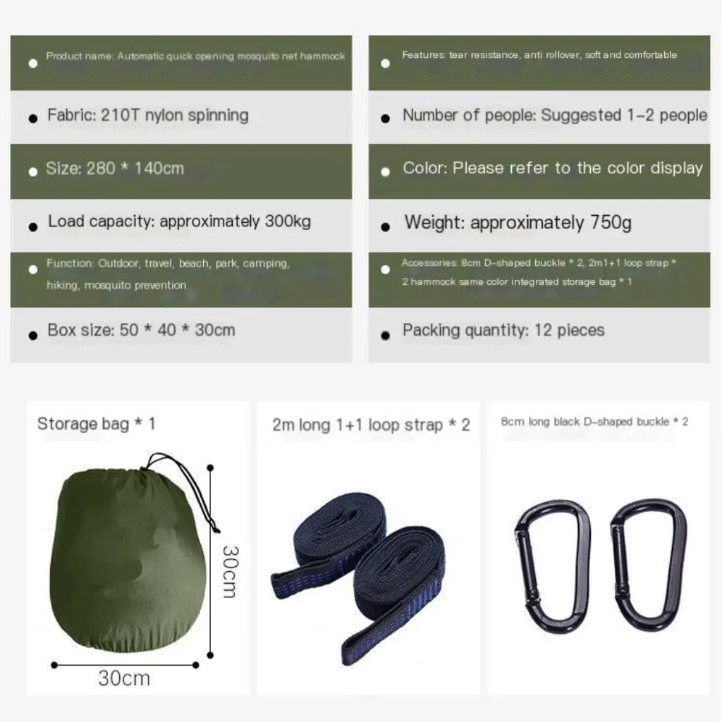 Hammock New Sunshade Quick-Open Pole Hammock Sheet Double Outdoor Camping Anti-Rollover Anti-Mosquito Hammock Hammocks for Outside(Green)