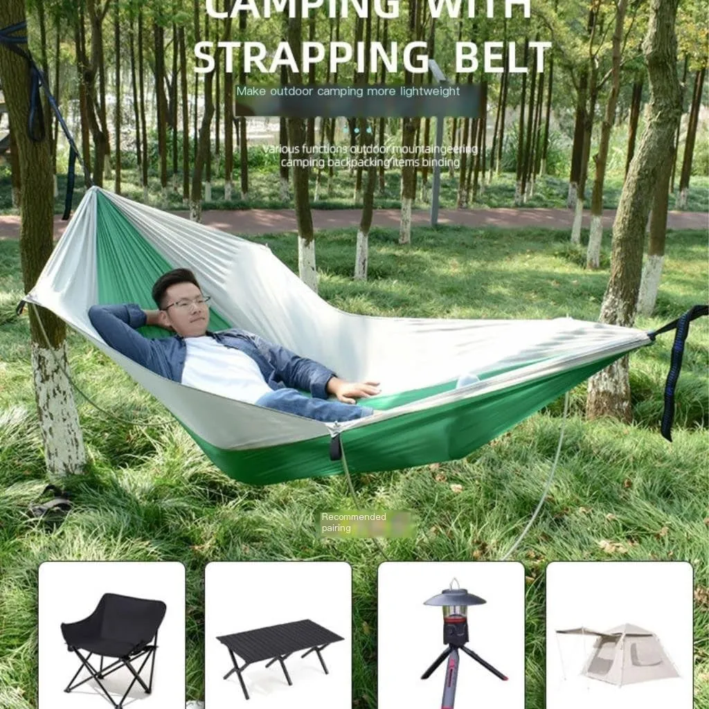 Hammocks Anti-Rollover Pole Hammock Outdoor Camping Single Double Enlarged Thickened Parachute Cloth Camping Hammock Camping Hammocks(Green,A)