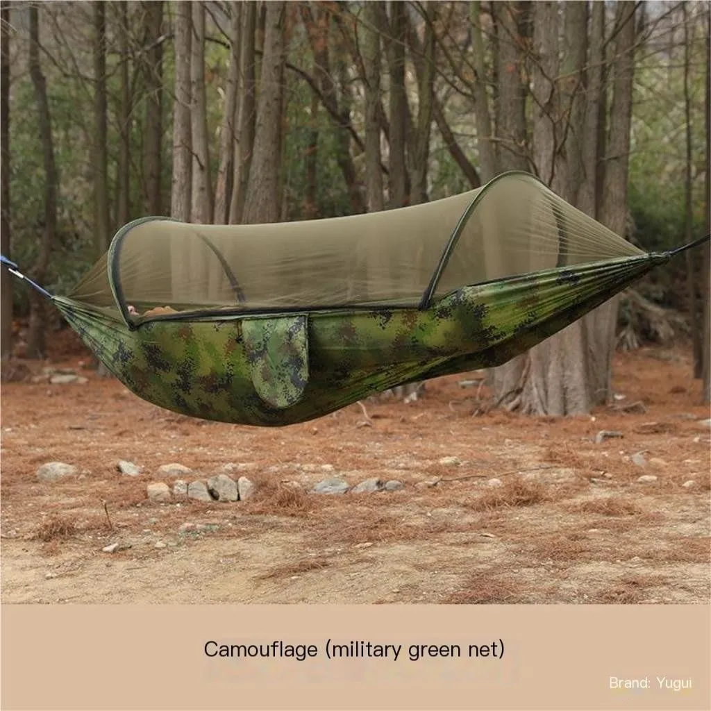 Hamock Outdoor Anti-Rollover Nylon Hammock with Mosquito Net Automatic Quick-Opening Pole Mosquito Net Hammock Hanmock(Green)
