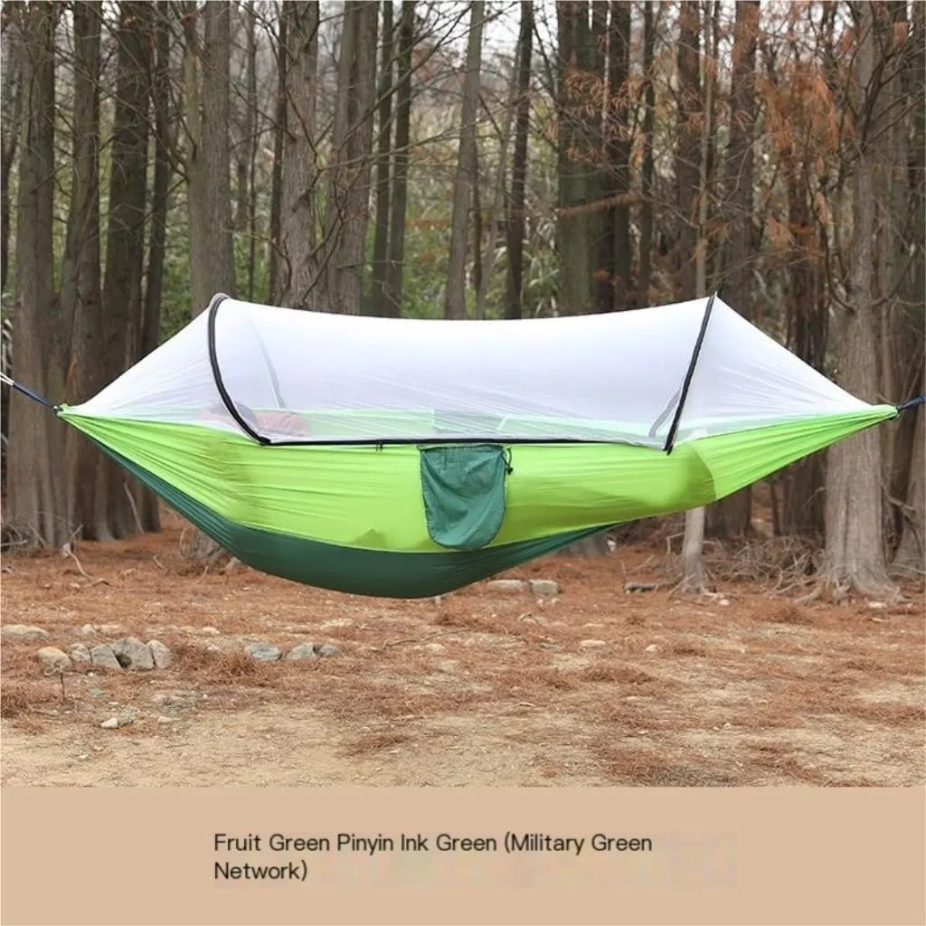 Hamock Outdoor Anti-Rollover Nylon Hammock with Mosquito Net Automatic Quick-Opening Pole Mosquito Net Hammock Hanmock(Green)