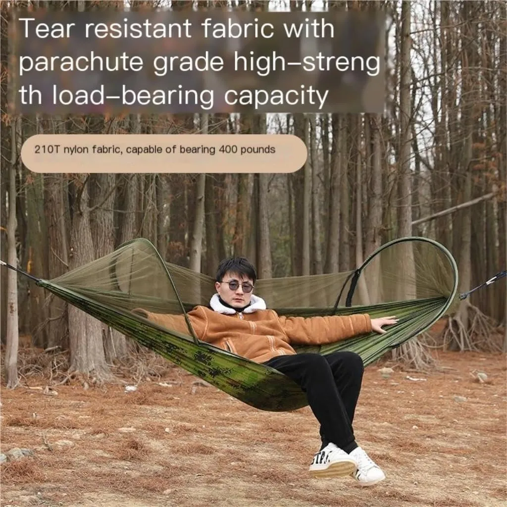 Hamock Outdoor Anti-Rollover Nylon Hammock with Mosquito Net Automatic Quick-Opening Pole Mosquito Net Hammock Hanmock(Green)
