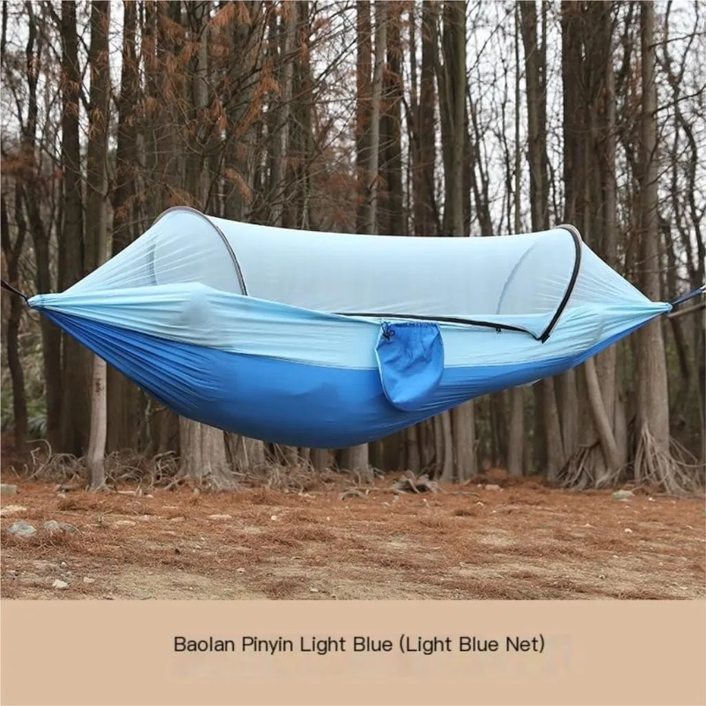 Hamock Outdoor Anti-Rollover Nylon Hammock with Mosquito Net Automatic Quick-Opening Pole Mosquito Net Hammock Hanmock(Green)