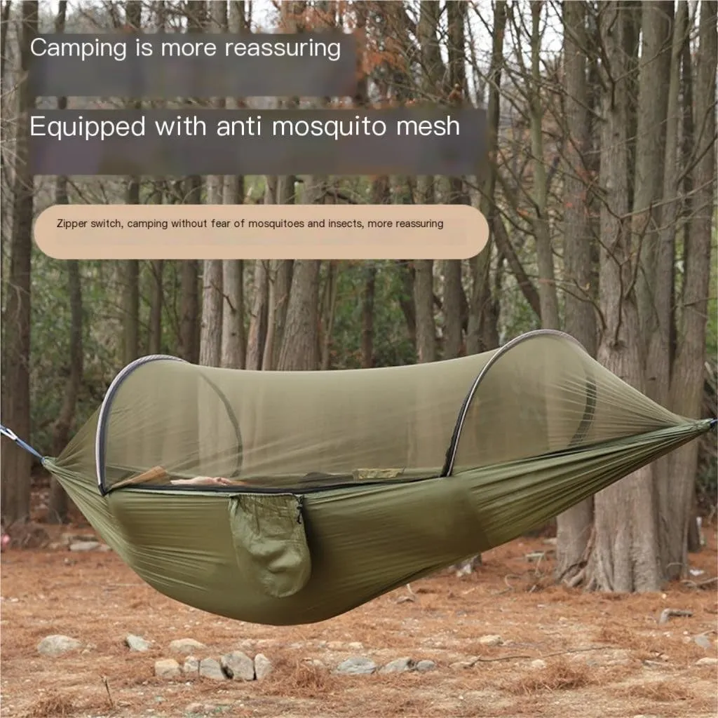 Hamock Outdoor Anti-Rollover Nylon Hammock with Mosquito Net Automatic Quick-Opening Pole Mosquito Net Hammock Hanmock(Green)