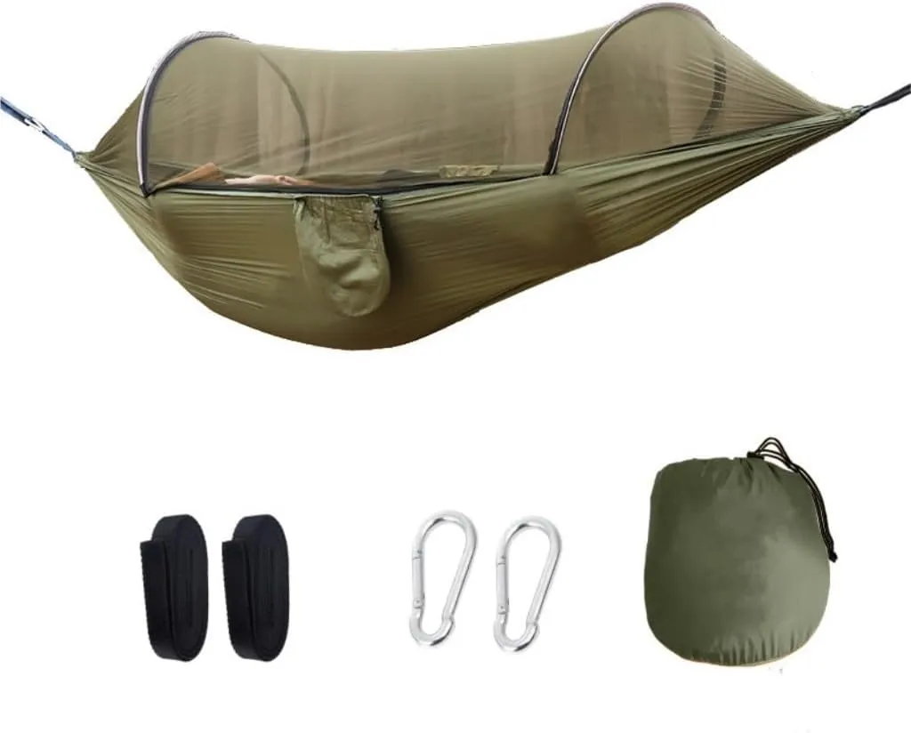 Hamock Outdoor Anti-Rollover Nylon Hammock with Mosquito Net Automatic Quick-Opening Pole Mosquito Net Hammock Hanmock(Green)