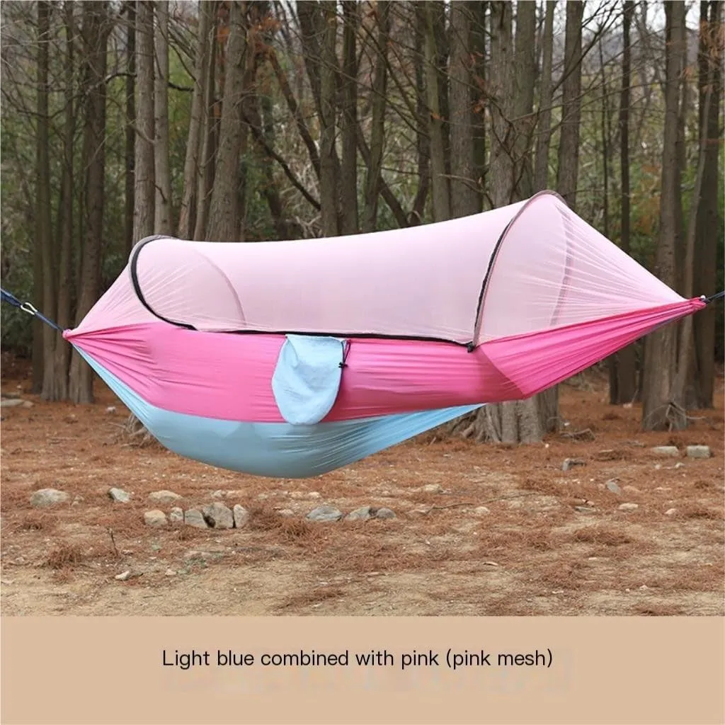 Hamock Outdoor Anti-Rollover Nylon Hammock with Mosquito Net Automatic Quick-Opening Pole Mosquito Net Hammock Hanmock(Green)