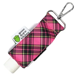 Hand Sanitizer Holder With Refillable Container - Pink & Black Plaid - 2 Ounce Travel Size - Swivel Clip For Backpack, Purse or Keychain - Handmade by Green Acorn Kitchen