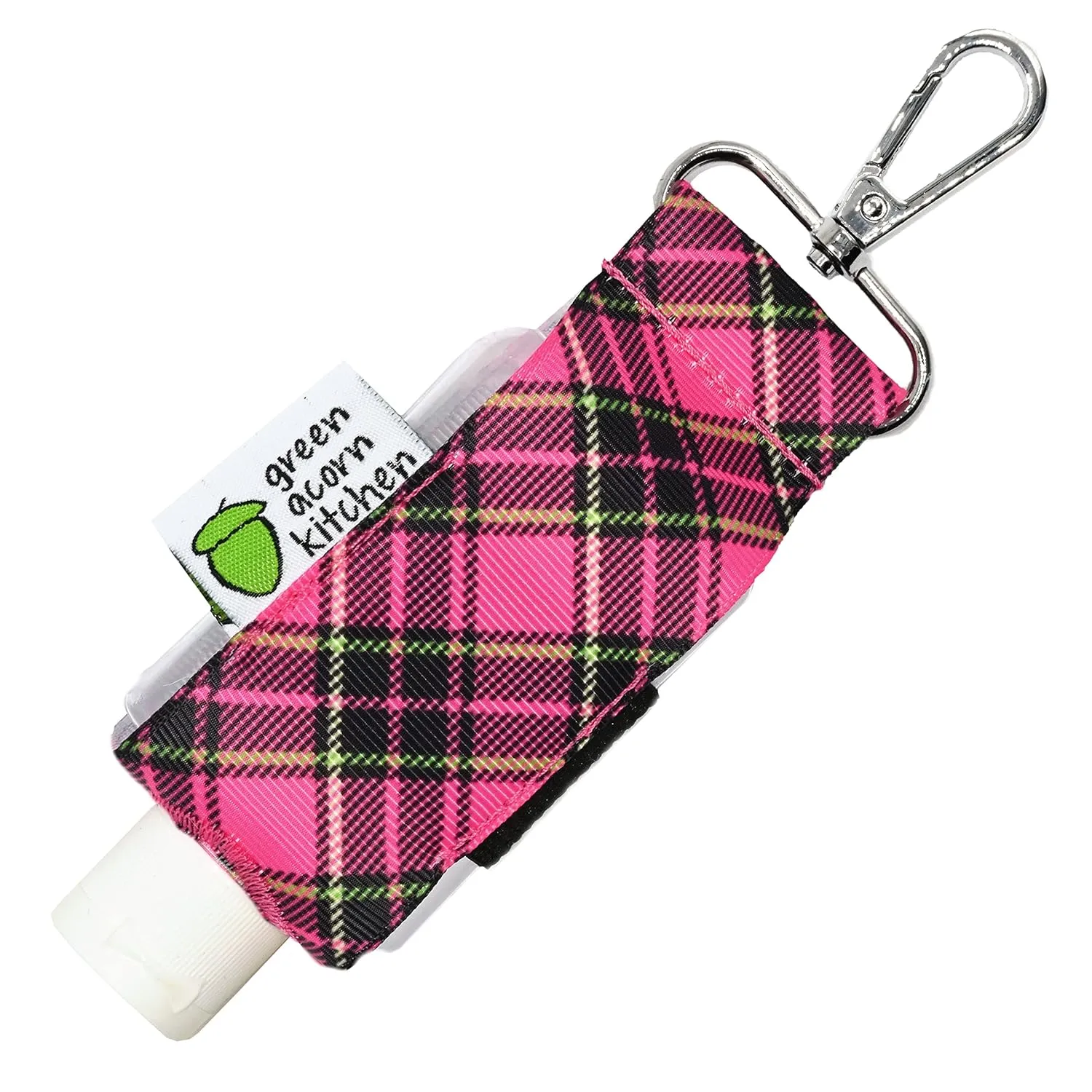 Hand Sanitizer Holder With Refillable Container - Pink & Black Plaid - 2 Ounce Travel Size - Swivel Clip For Backpack, Purse or Keychain - Handmade by Green Acorn Kitchen