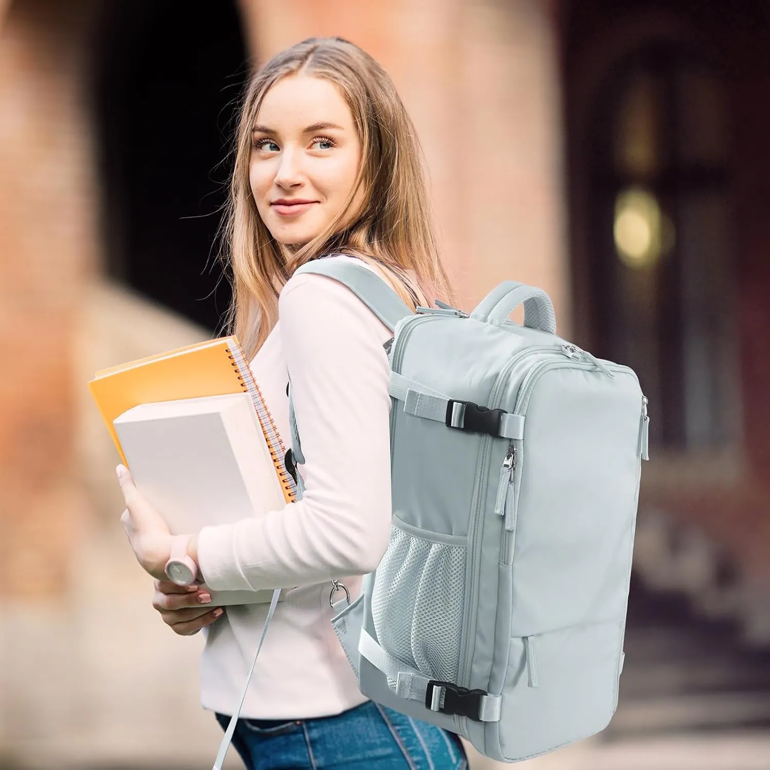 Hanples Travel Backpack for Women, Large Carry On, 17.3 Inch Laptop, Waterproof, Hiking, Casual Bag (Light Blue)