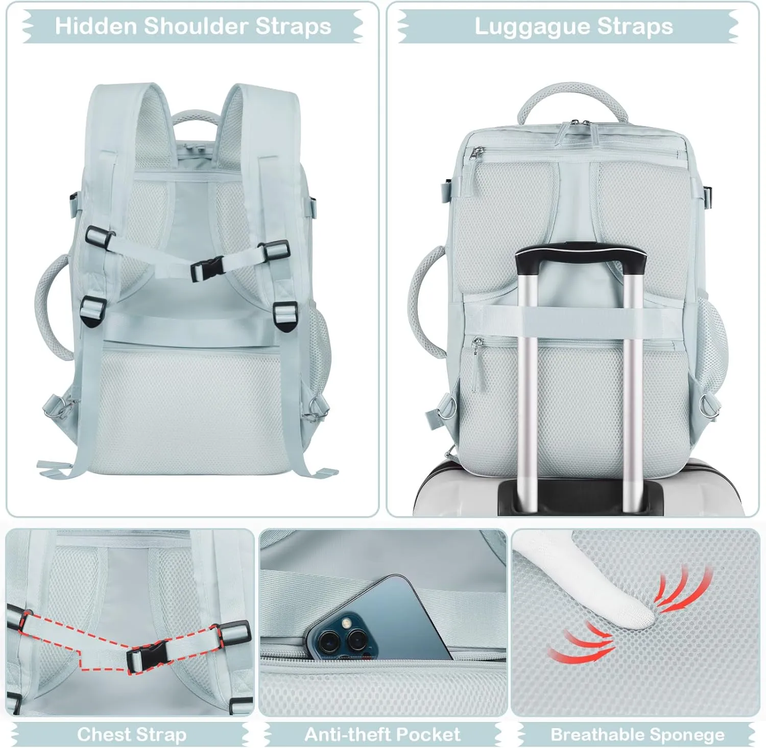 Hanples Travel Backpack for Women, Large Carry On, 17.3 Inch Laptop, Waterproof, Hiking, Casual Bag (Light Blue)
