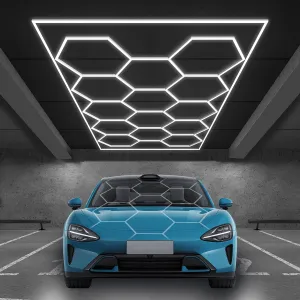 Hexagon LED Garage Light,700W 6500K 77000LM 81Pack 4.8x2.4m 14 Grid Systems with Border Garage Honeycomb Light Ceiling LED for Gym Basement Warehouse Detailing Workshop Lighting (hexagon-14-frame)