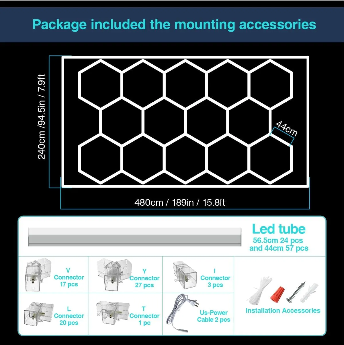 Hexagon LED Garage Light,700W 6500K 77000LM 81Pack 4.8x2.4m 14 Grid Systems with Border Garage Honeycomb Light Ceiling LED for Gym Basement Warehouse Detailing Workshop Lighting (hexagon-14-frame)