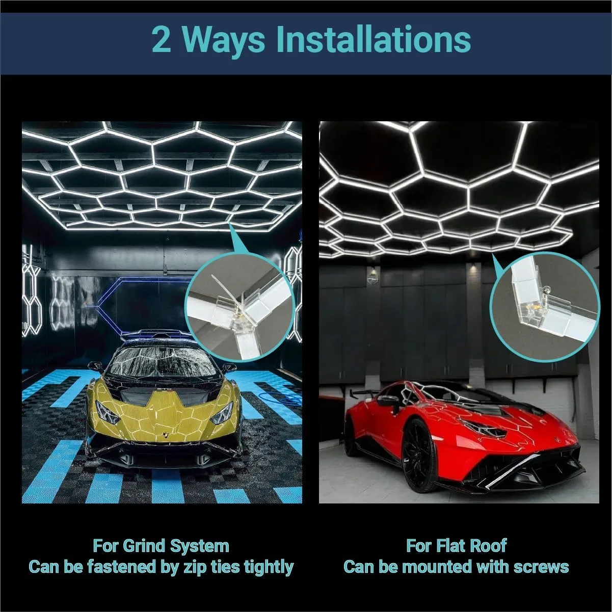 Hexagon LED Garage Light,700W 6500K 77000LM 81Pack 4.8x2.4m 14 Grid Systems with Border Garage Honeycomb Light Ceiling LED for Gym Basement Warehouse Detailing Workshop Lighting (hexagon-14-frame)