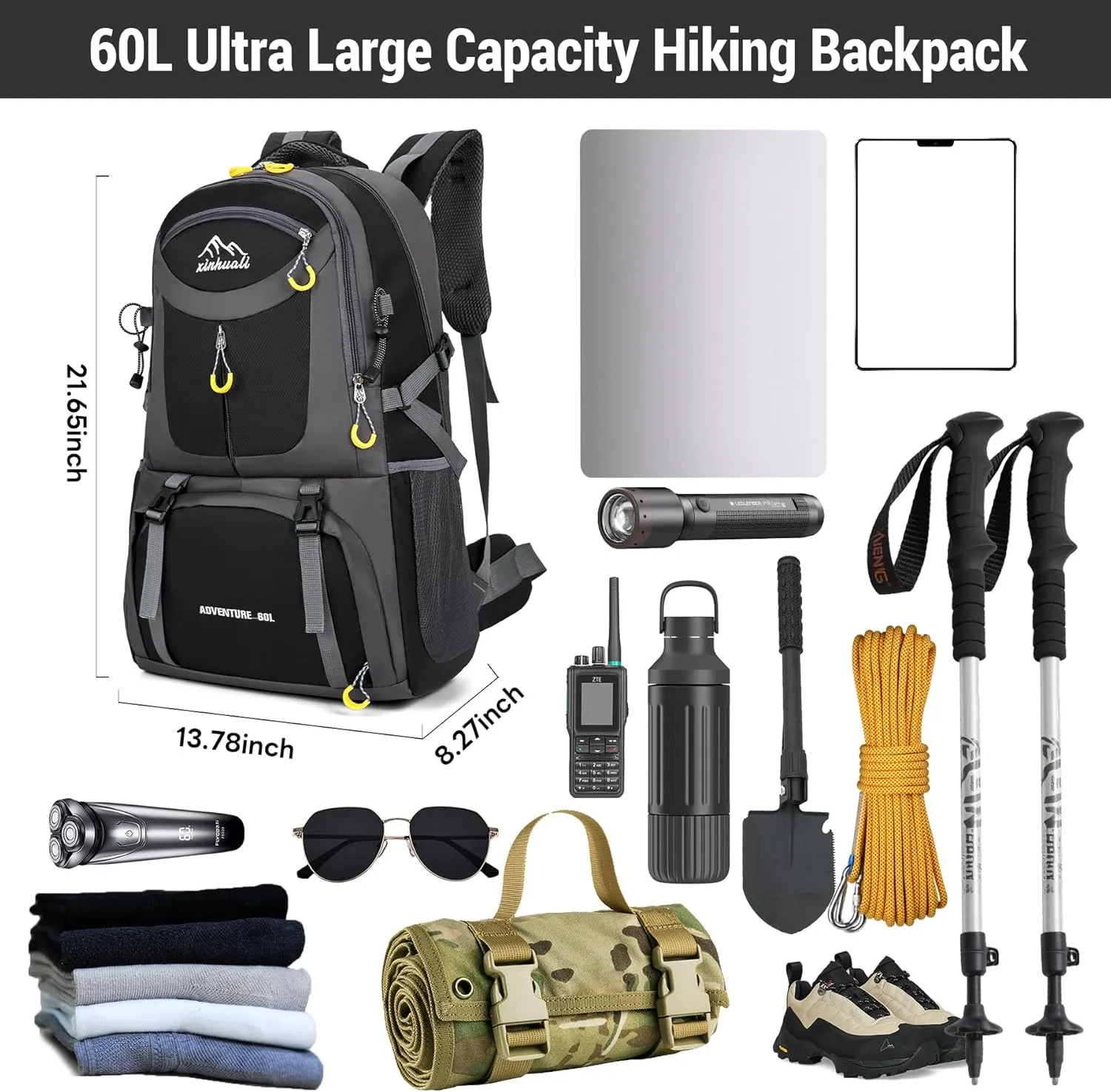 Hiking Backpack, 60L Large Camping Backpack Waterproof for Travel, Lightweight Day pack for Men Women, Black