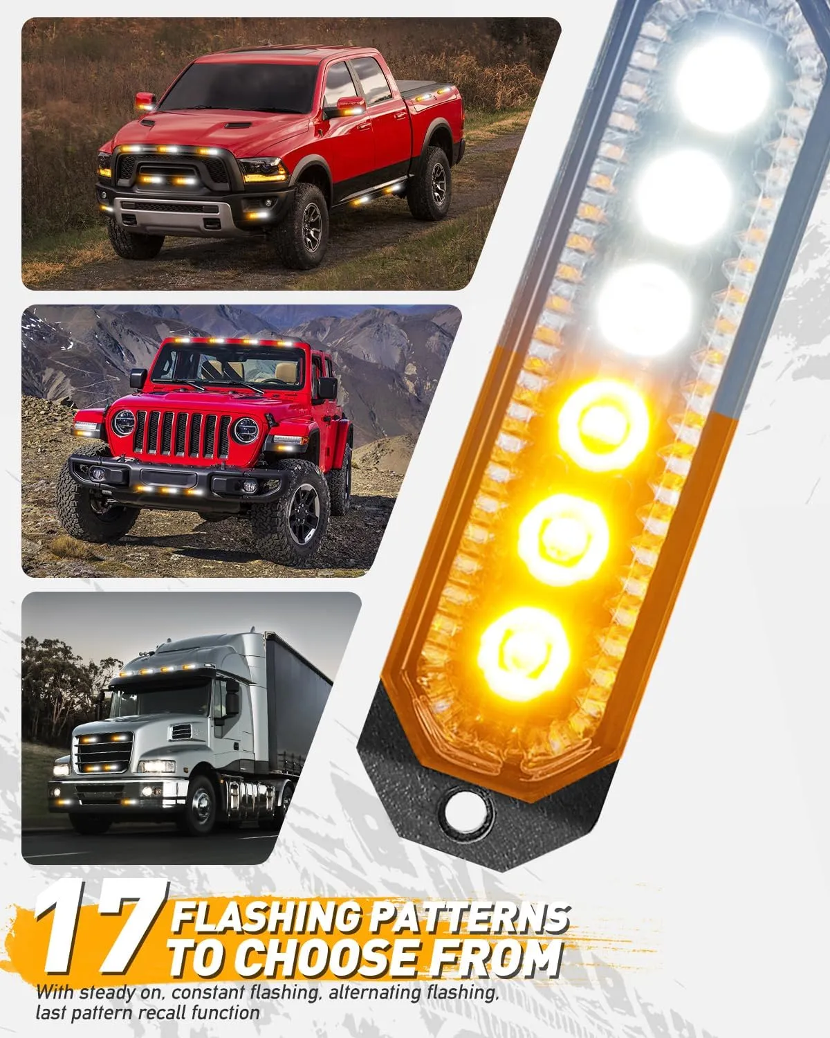 HLauto 406T Emergency Strobe Grille Lights: 4Pcs 6 LED Sync Feature Safety Warning Flashing Light, 12V-24V Ultra Slim Surface Mount Hazard Caution Light for Truck, Vehicle, Car, ATV, UTV (Amber White)
