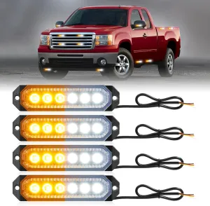 HLauto 406T Emergency Strobe Grille Lights: 4Pcs 6 LED Sync Feature Safety Warning Flashing Light, 12V-24V Ultra Slim Surface Mount Hazard Caution Light for Truck, Vehicle, Car, ATV, UTV (Amber White)