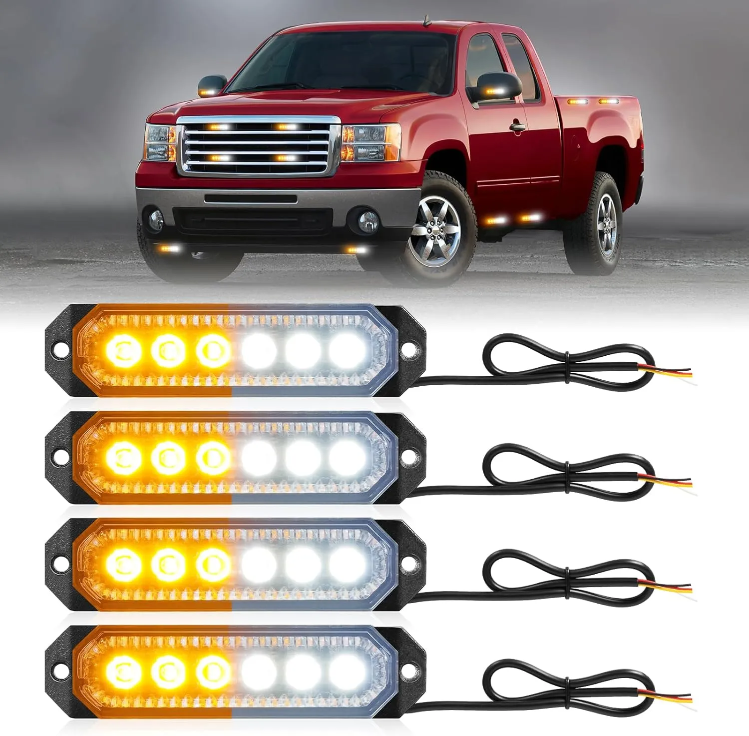 HLauto 406T Emergency Strobe Grille Lights: 4Pcs 6 LED Sync Feature Safety Warning Flashing Light, 12V-24V Ultra Slim Surface Mount Hazard Caution Light for Truck, Vehicle, Car, ATV, UTV (Amber White)