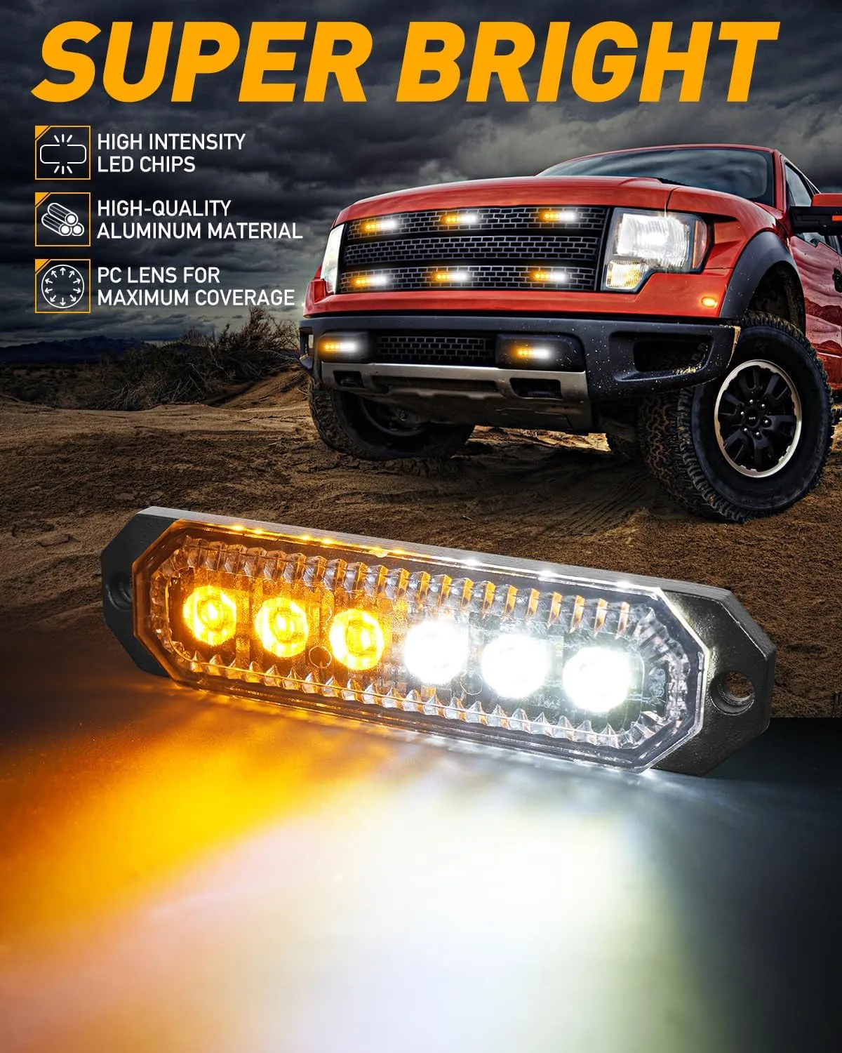 HLauto 406T Emergency Strobe Grille Lights: 4Pcs 6 LED Sync Feature Safety Warning Flashing Light, 12V-24V Ultra Slim Surface Mount Hazard Caution Light for Truck, Vehicle, Car, ATV, UTV (Amber White)