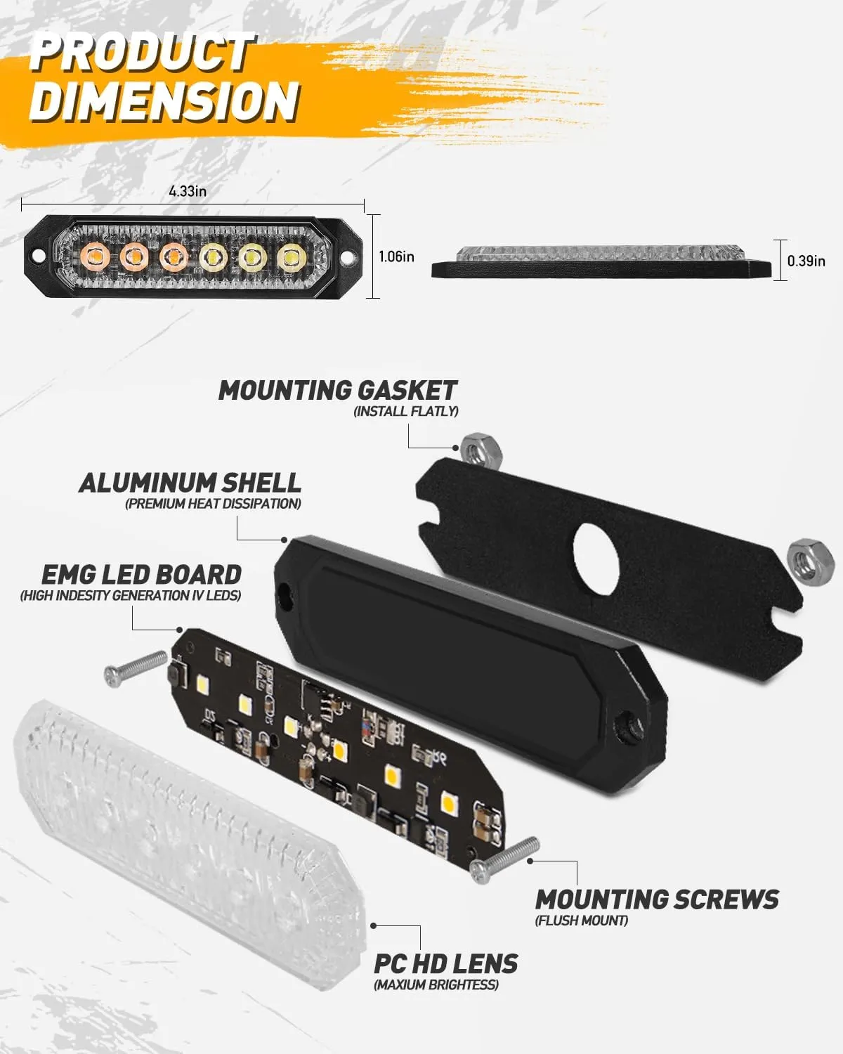 HLauto 406T Emergency Strobe Grille Lights: 4Pcs 6 LED Sync Feature Safety Warning Flashing Light, 12V-24V Ultra Slim Surface Mount Hazard Caution Light for Truck, Vehicle, Car, ATV, UTV (Amber White)