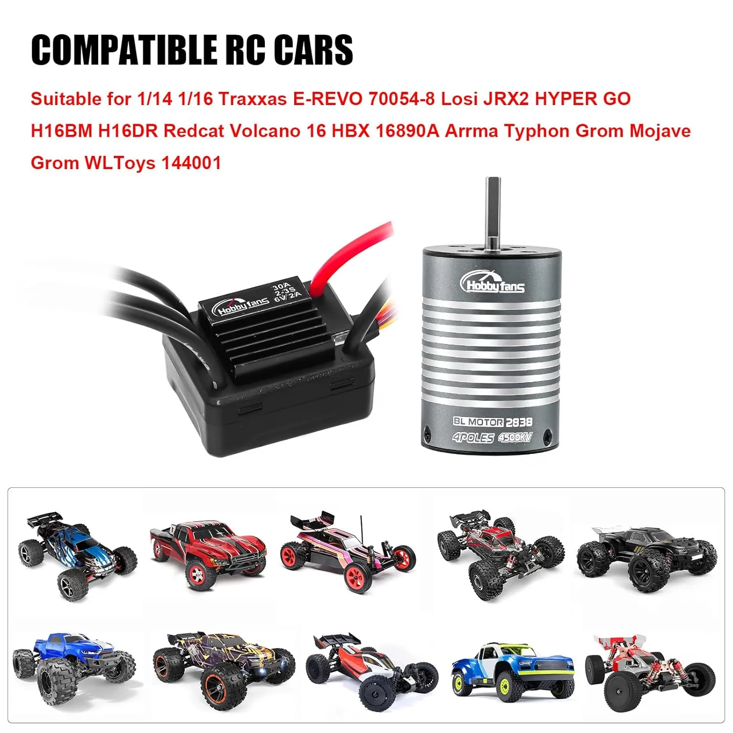 Hobby Fans Brushless 2838 4500KV Motor & 30A Waterproof ESC for Traxxas E-REVO Losi JRX2 H16BM H16DR Redcat Volcano 16 Arrma Typhon Grom Mojave Grom 144001 16890A 1/14 1/16 RC Car