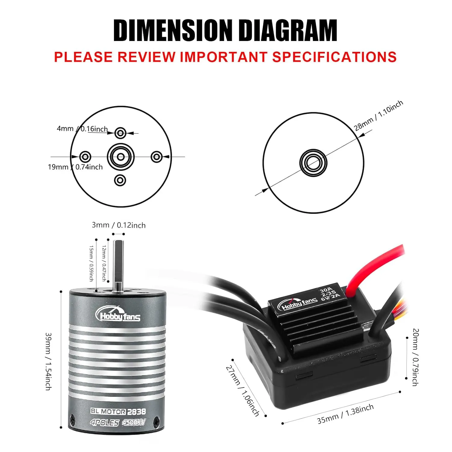 Hobby Fans Brushless 2838 4500KV Motor & 30A Waterproof ESC for Traxxas E-REVO Losi JRX2 H16BM H16DR Redcat Volcano 16 Arrma Typhon Grom Mojave Grom 144001 16890A 1/14 1/16 RC Car