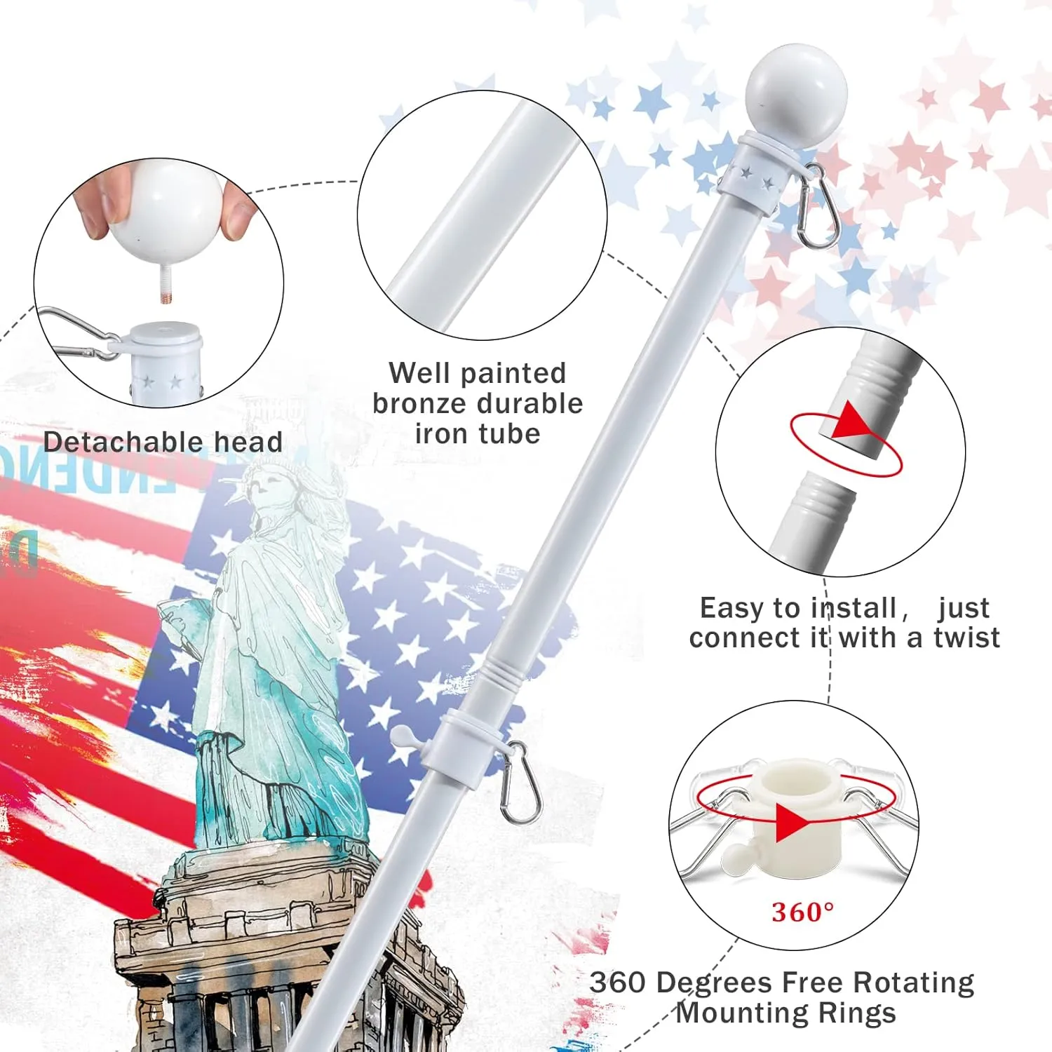House Flag Pole With American Flag - Flagpoles Residential Kit with 5ft Tangle Free Metal Flag Pole,3x5 Embroidered US Flag,Holder Bracket,Heavy Duty Flag Poles for Outside House,Porch,Outdoor-White