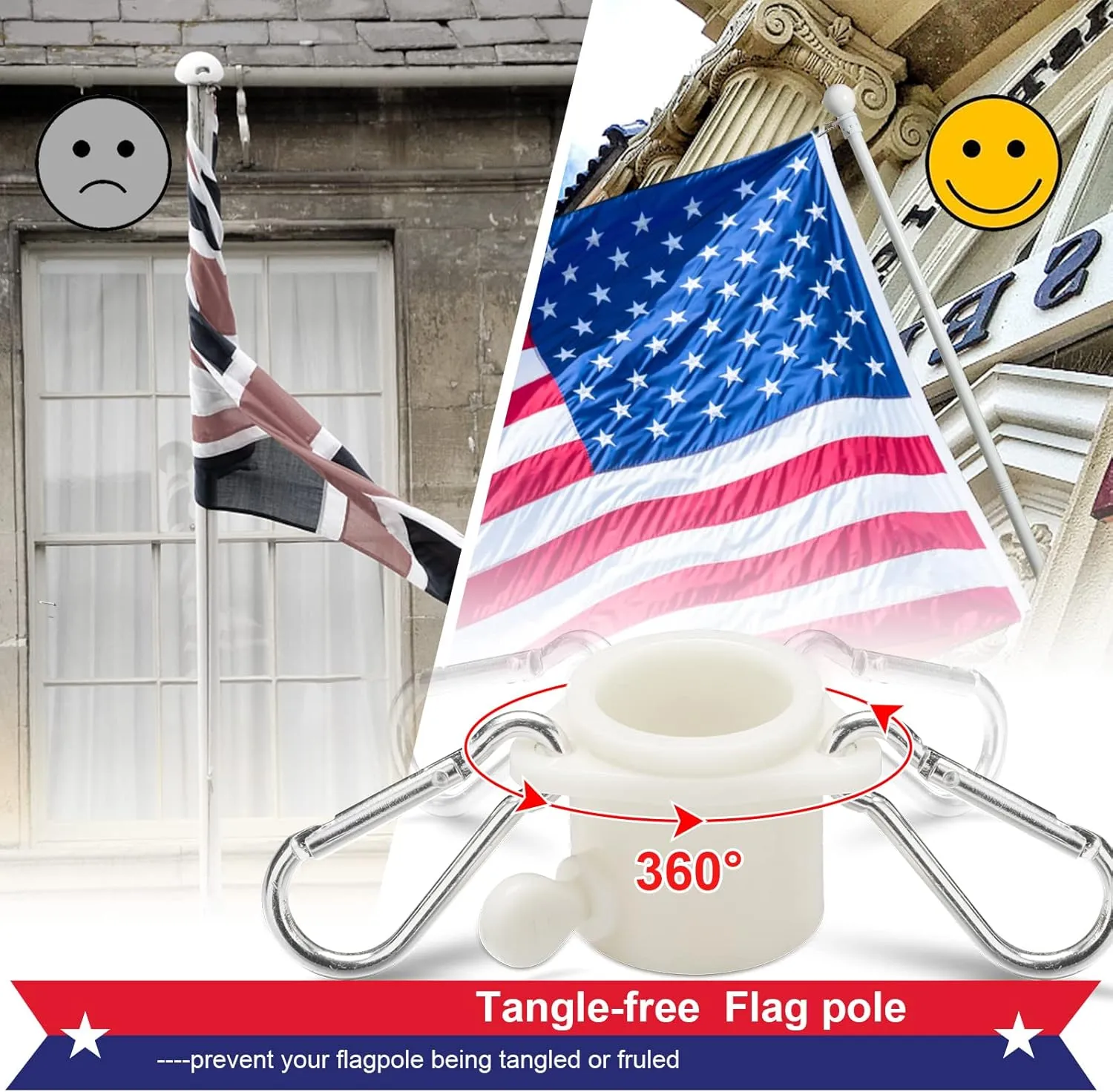 House Flag Pole With American Flag - Flagpoles Residential Kit with 5ft Tangle Free Metal Flag Pole,3x5 Embroidered US Flag,Holder Bracket,Heavy Duty Flag Poles for Outside House,Porch,Outdoor-White