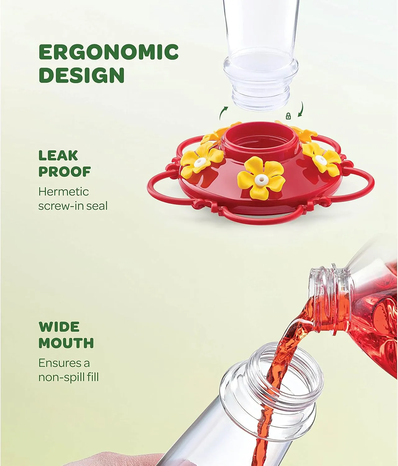 Hummingbird Feeder 10 oz [Set of 2] Plastic Feeders for Outdoors, with Built-in Ant Guard - Circular Perch with 5 Feeding Ports - Wide Mouth for Easy Filling/2 Part Base for Easy Cleaning