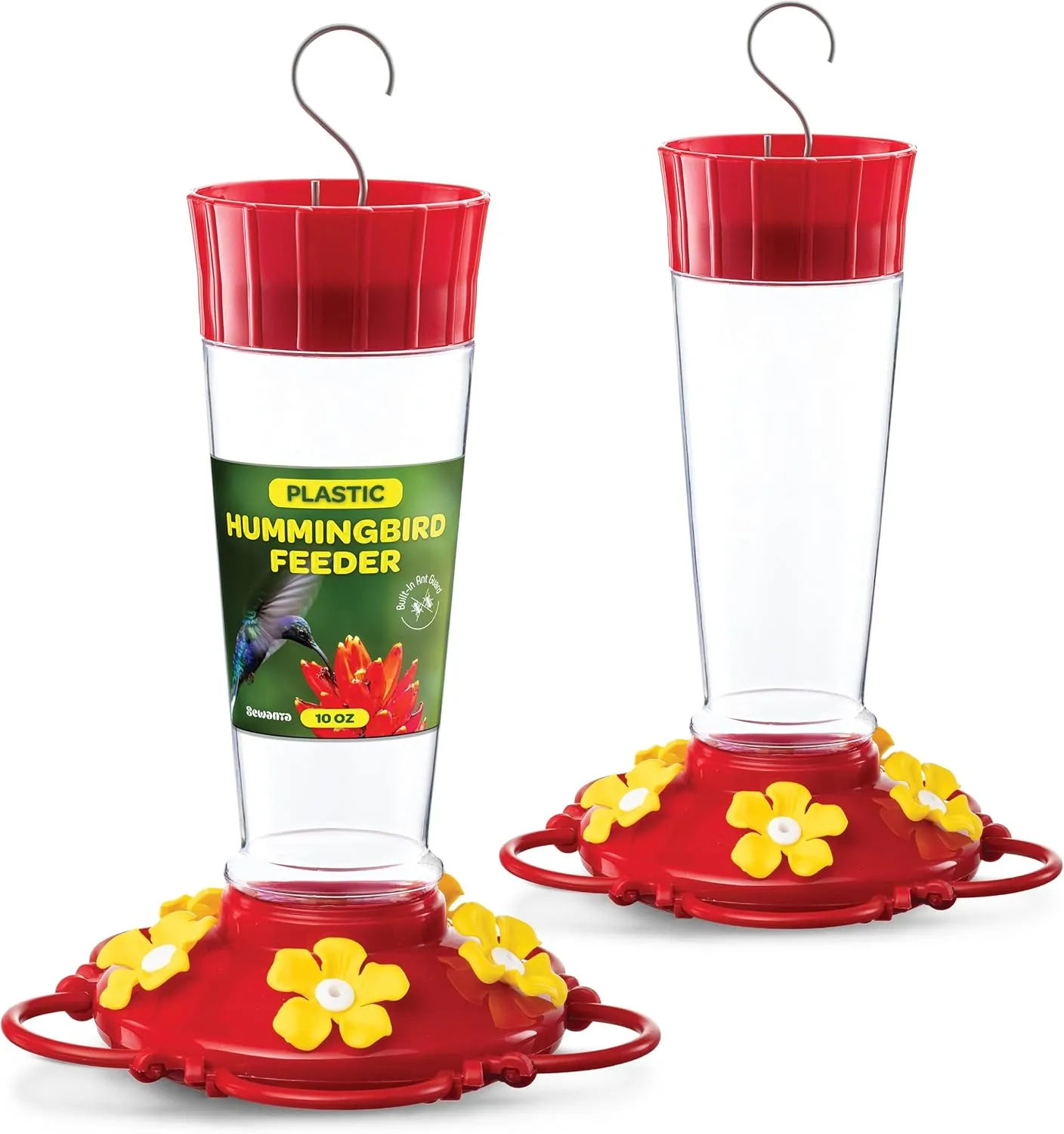 Hummingbird Feeder 10 oz [Set of 2] Plastic Feeders for Outdoors, with Built-in Ant Guard - Circular Perch with 5 Feeding Ports - Wide Mouth for Easy Filling/2 Part Base for Easy Cleaning