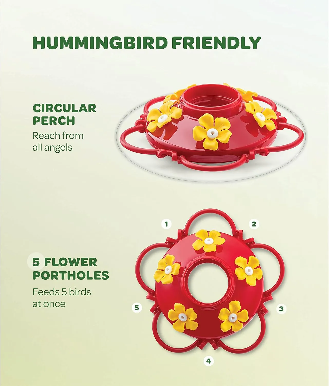 Hummingbird Feeder 10 oz [Set of 2] Plastic Feeders for Outdoors, with Built-in Ant Guard - Circular Perch with 5 Feeding Ports - Wide Mouth for Easy Filling/2 Part Base for Easy Cleaning