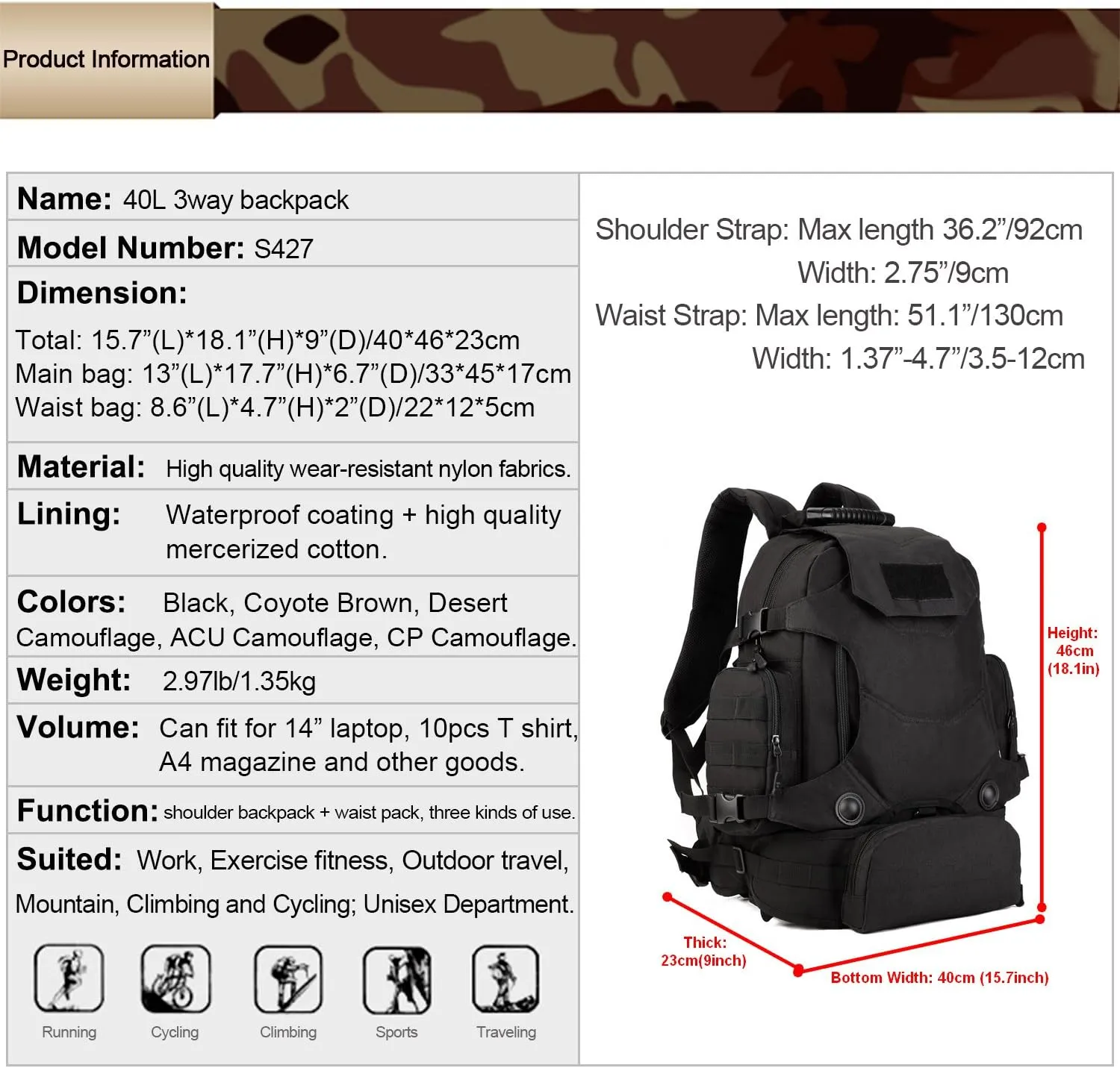 HUNTVP 40L Tactical Military MOLLE Backpack WR 3 Way Modular Pack with Patch