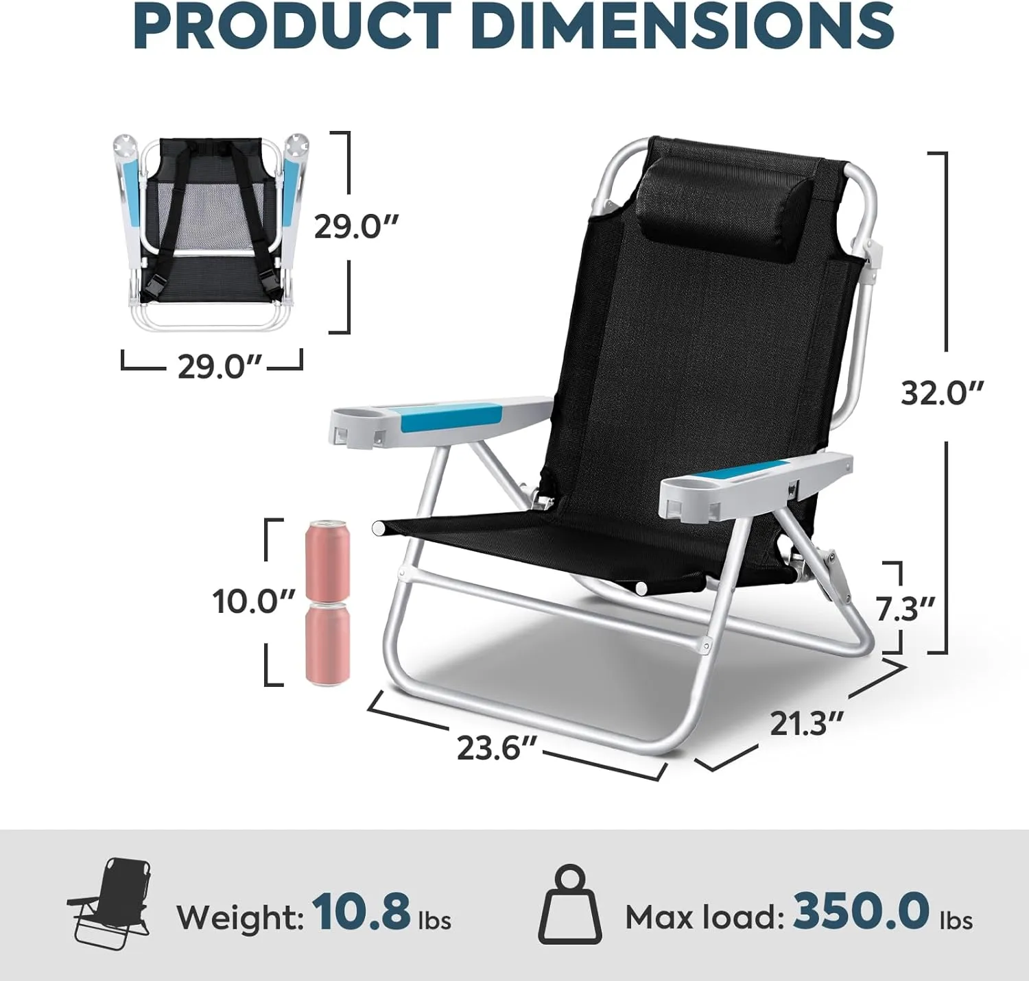 ICECO Backpacking Beach Chairs for Adults, 5 Positions Reclining Chair, Heavy Duty Folding Chairs, Portable Lay Flat Outdoor Chair with Cup Holder for Beach, Camping, Lawn, 350lb Capacity