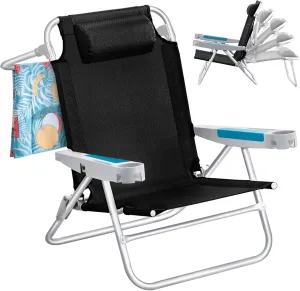 ICECO Backpacking Beach Chairs for Adults, 5 Positions Reclining Chair, Heavy Duty Folding Chairs, Portable Lay Flat Outdoor Chair with Cup Holder for Beach, Camping, Lawn, 350lb Capacity