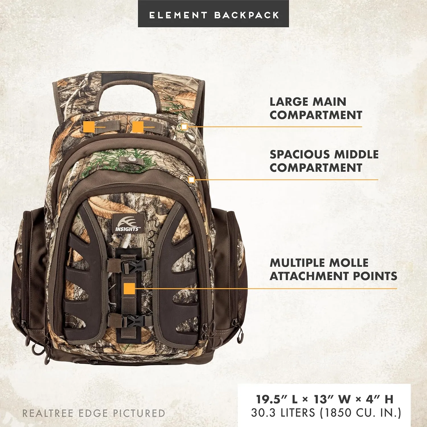 Insights Hunting by frogg toggs- The Element, Heavy Duty 1,831 Cubic Inch Hiking Fishing Camping Hunting Backpack
