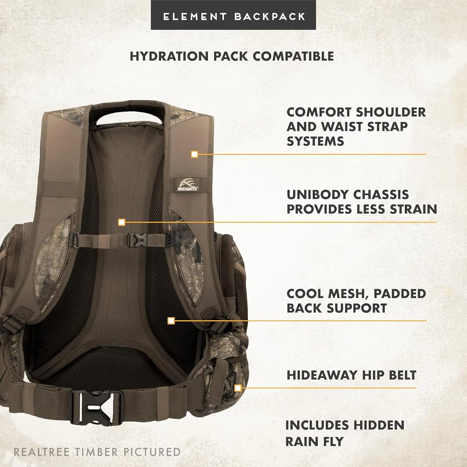 Insights Hunting by frogg toggs- The Element, Heavy Duty 1,831 Cubic Inch Hiking Fishing Camping Hunting Backpack