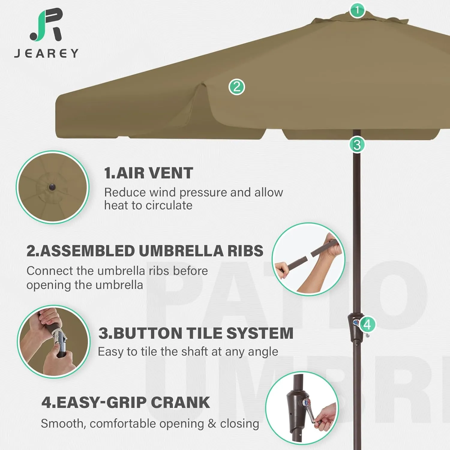 JEAREY 10' Patio Umbrellas Outdoor Table Market Umbrella w/Push Button Tilt/Crank, 8 Sturdy Ribs, UV Protection Waterproof Sunproof(Sand)