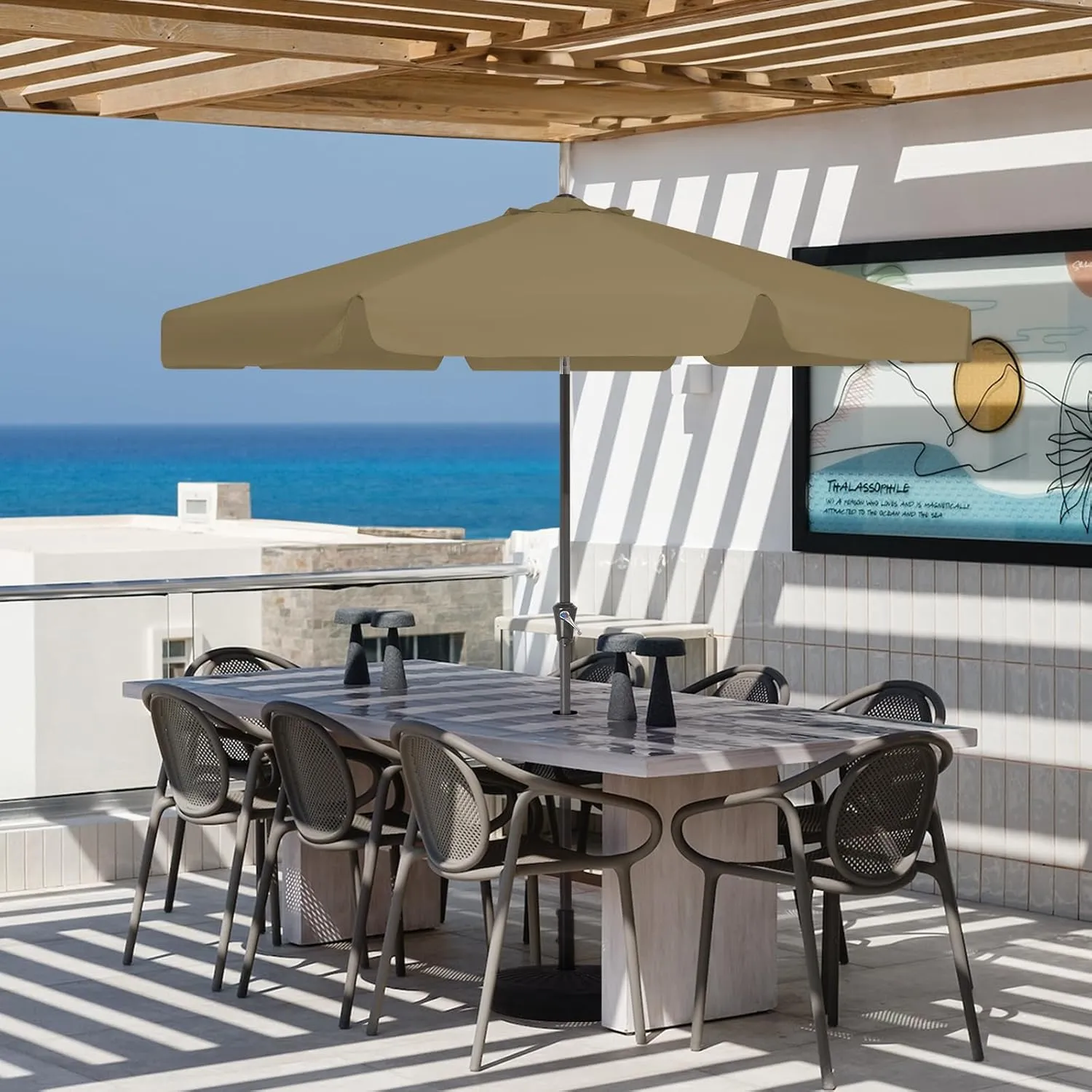 JEAREY 10' Patio Umbrellas Outdoor Table Market Umbrella w/Push Button Tilt/Crank, 8 Sturdy Ribs, UV Protection Waterproof Sunproof(Sand)