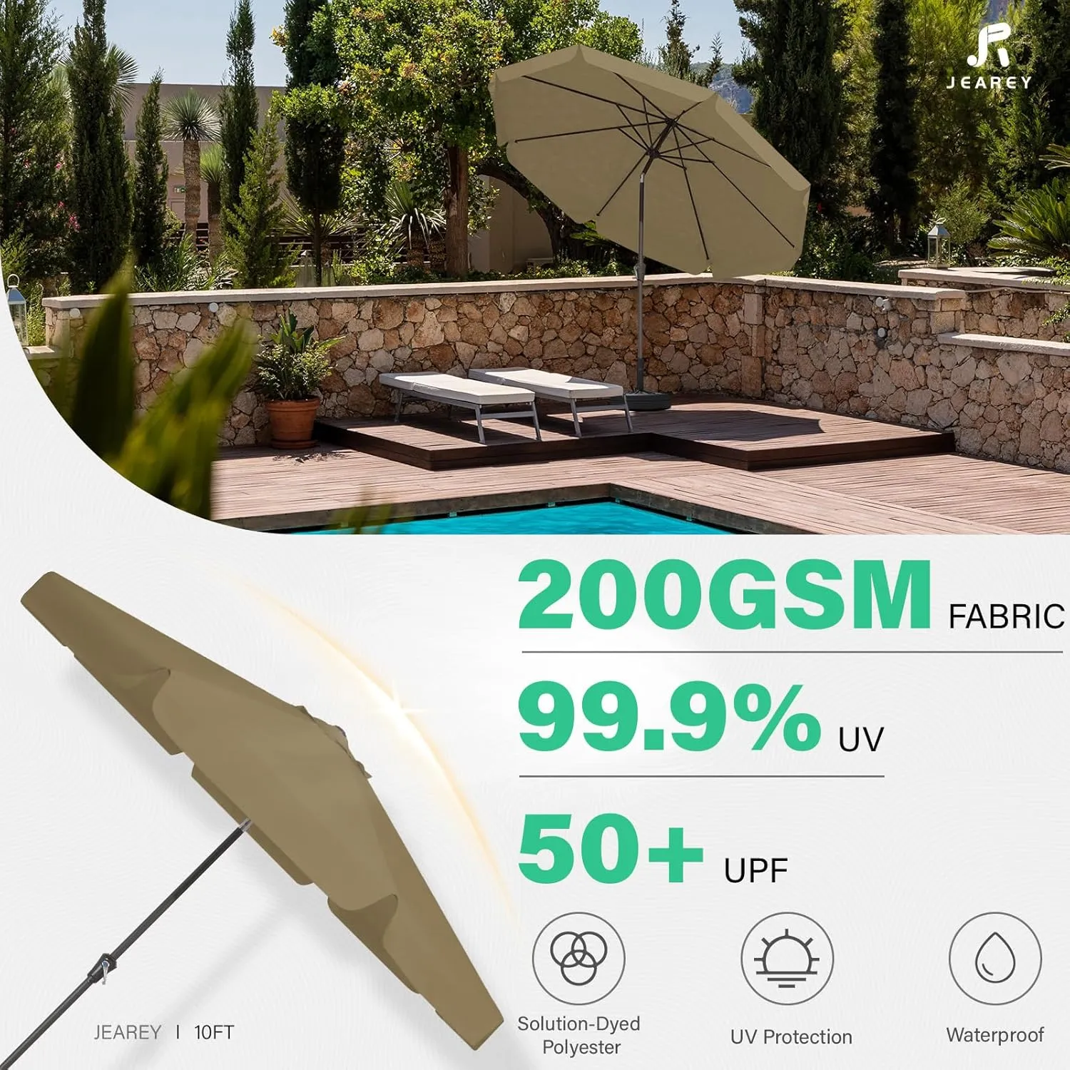 JEAREY 10' Patio Umbrellas Outdoor Table Market Umbrella w/Push Button Tilt/Crank, 8 Sturdy Ribs, UV Protection Waterproof Sunproof(Sand)