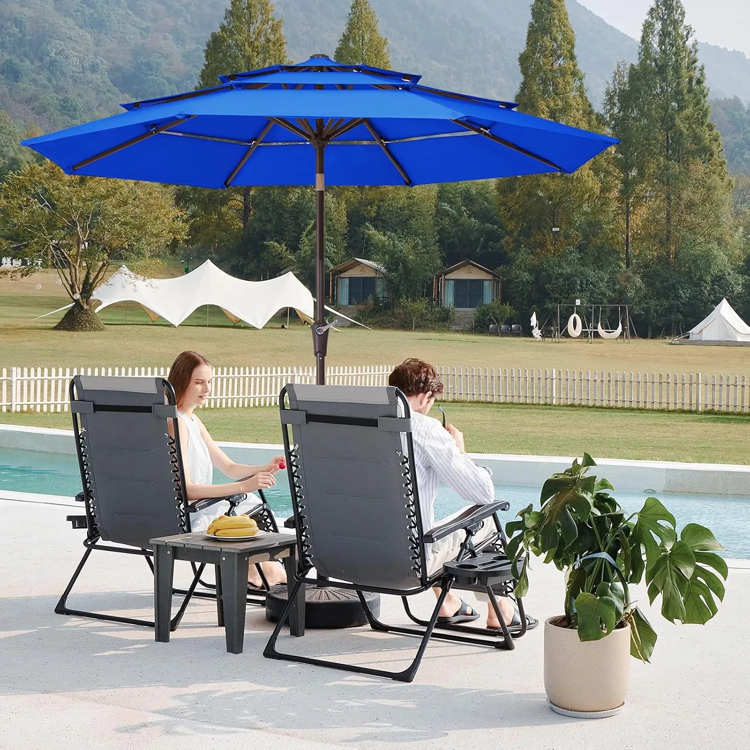 JEAREY 9FT 3 Tier Patio Umbrella Outdoor Market Umbrella Table Umbrellas Sunbrella with Push Button Tilt and UV Protection Outside Garden Pool Umbrella,Royal Blue