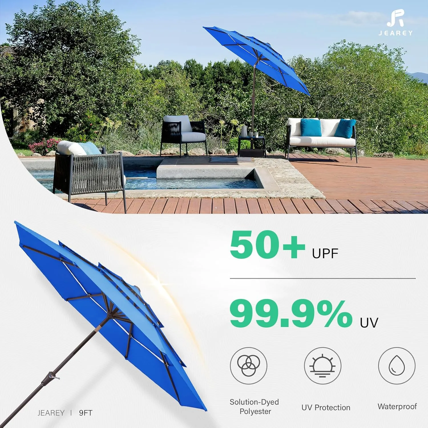JEAREY 9FT 3 Tier Patio Umbrella Outdoor Market Umbrella Table Umbrellas Sunbrella with Push Button Tilt and UV Protection Outside Garden Pool Umbrella,Royal Blue