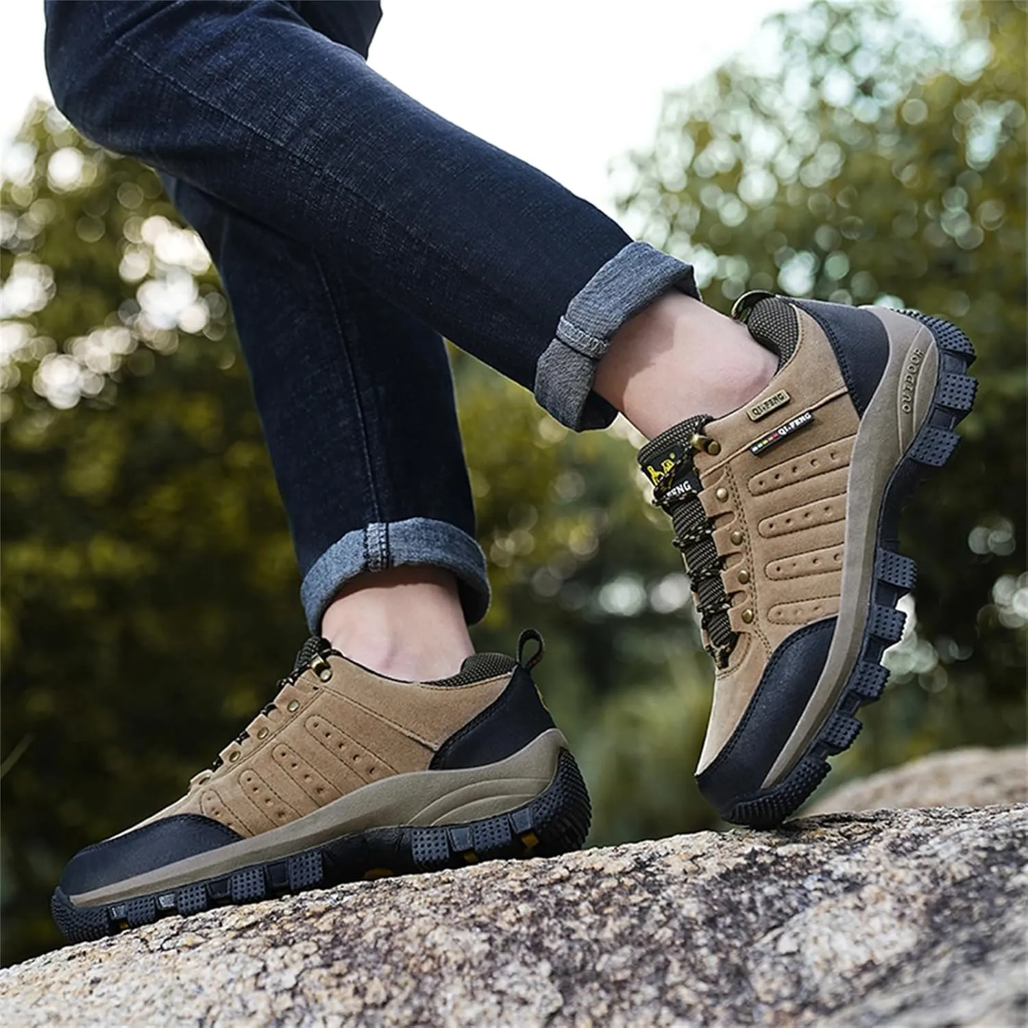 JiuQing Men's Walking Shoes Waterproof Hiking Boots Non-Slip Low Rise Trekking Outdoor Sports Shoes