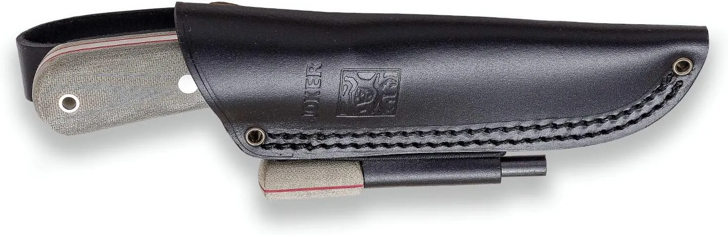 Joker Mountaineer CV134-P hunting knife, 4.3in Sandvik 14C28N blade, brown leather sheath, fishing, hunting, camping and hiking tool (Green Micarta Canvas   FireStarter)