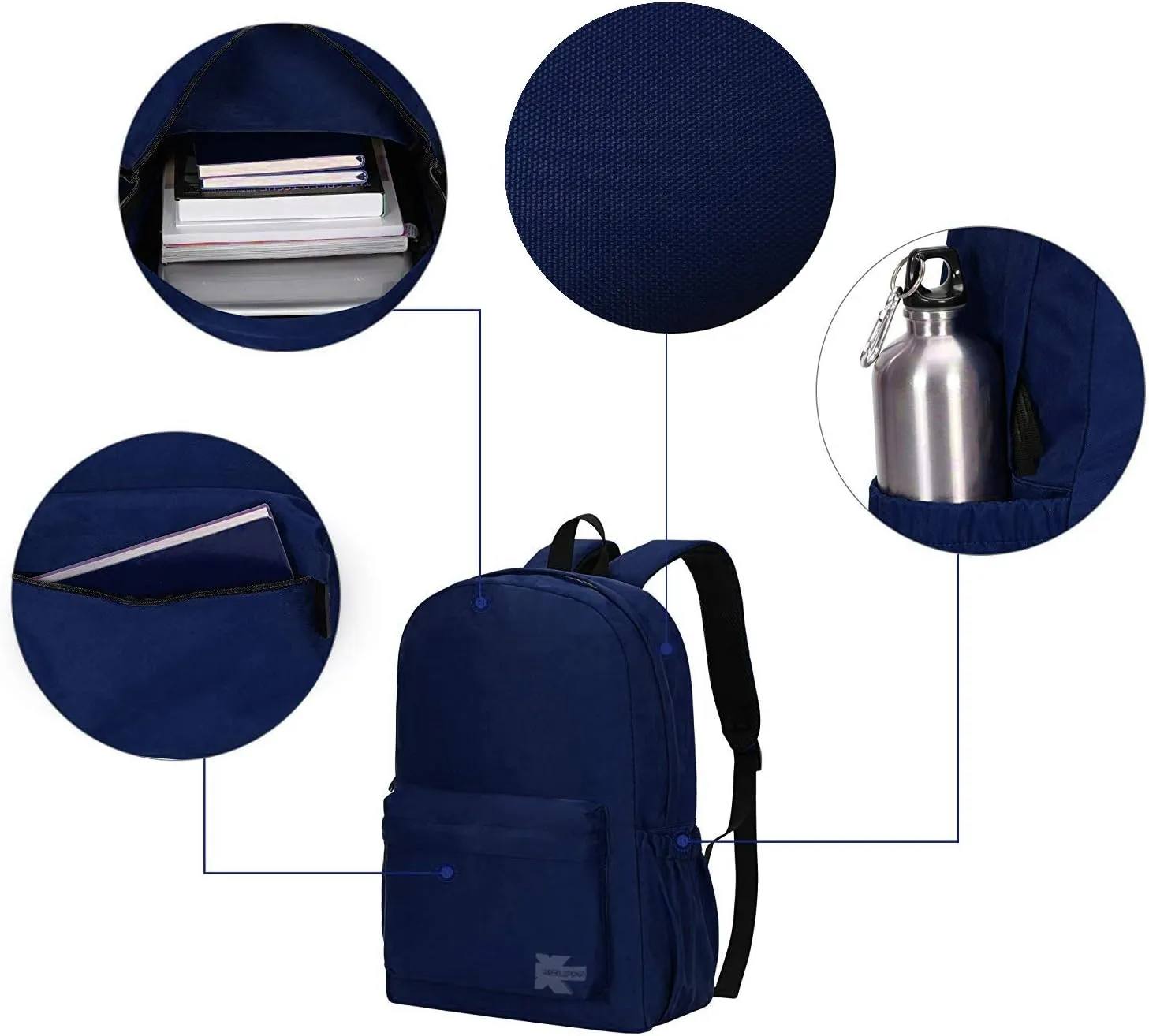 K-Cliffs Classic Backpack Quality Student Bookbag Basic Travel Daypack w/Water Bottle Pockets Navy Blue