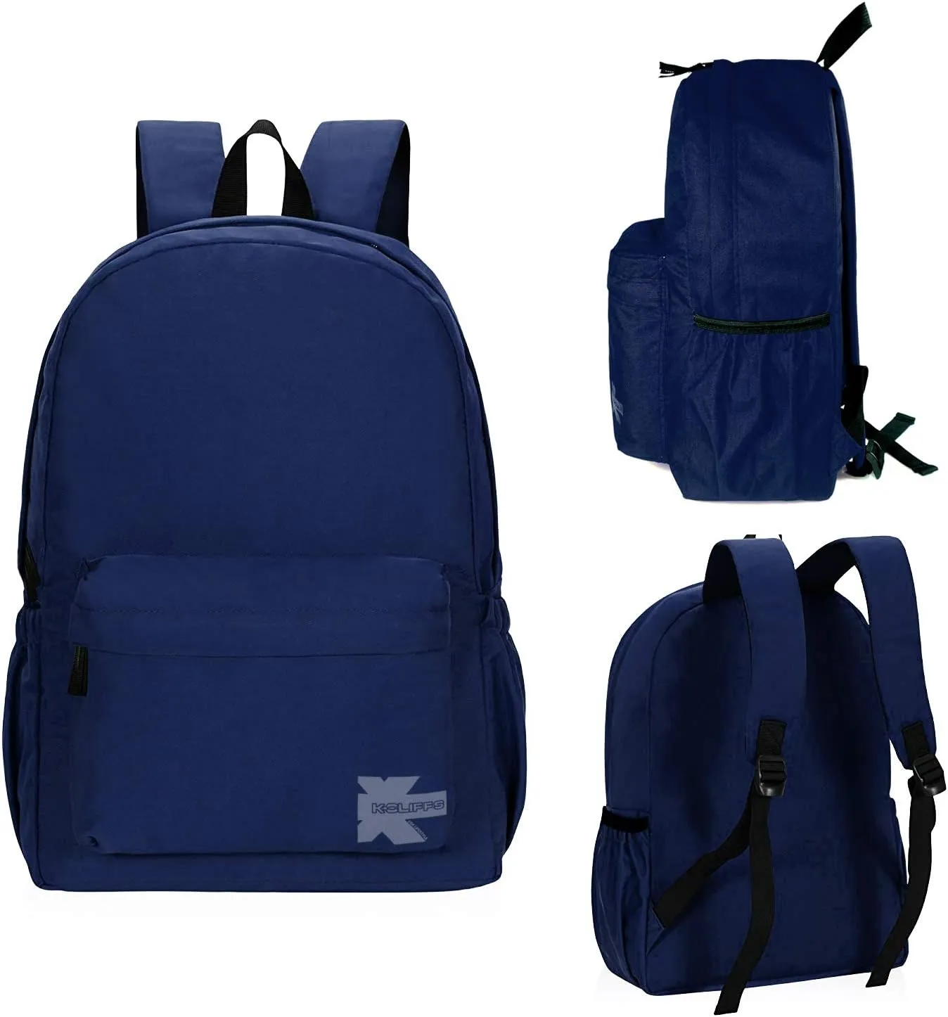 K-Cliffs Classic Backpack Quality Student Bookbag Basic Travel Daypack w/Water Bottle Pockets Navy Blue