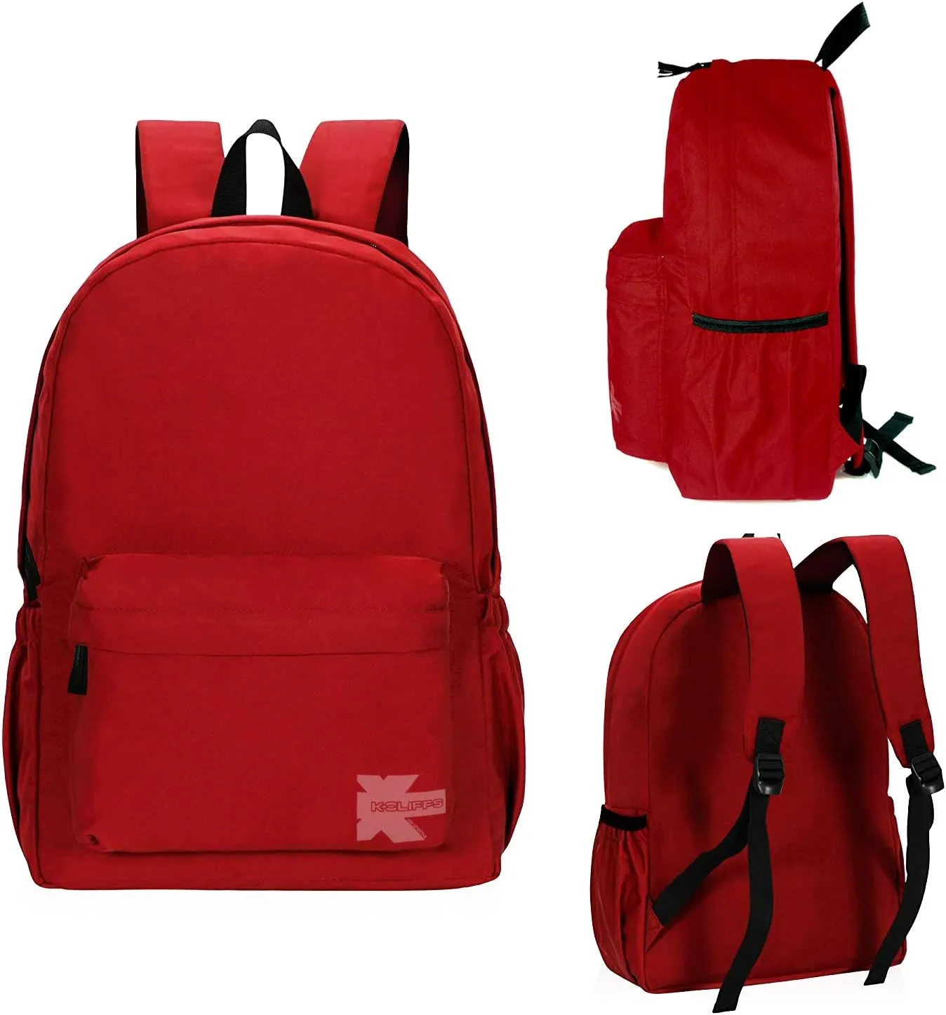 K-Cliffs Classic Backpack Quality Student Bookbag Basic Travel Daypack w/Water Bottle Pockets Red