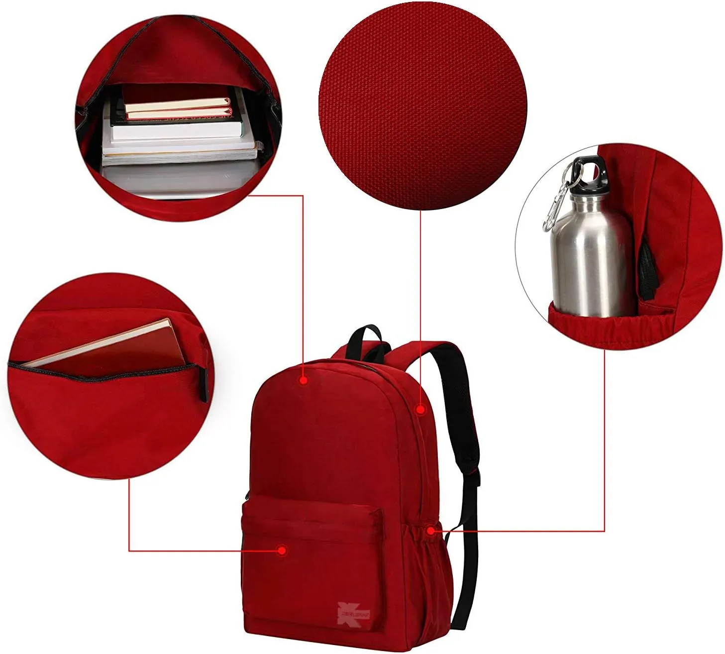 K-Cliffs Classic Backpack Quality Student Bookbag Basic Travel Daypack w/Water Bottle Pockets Red