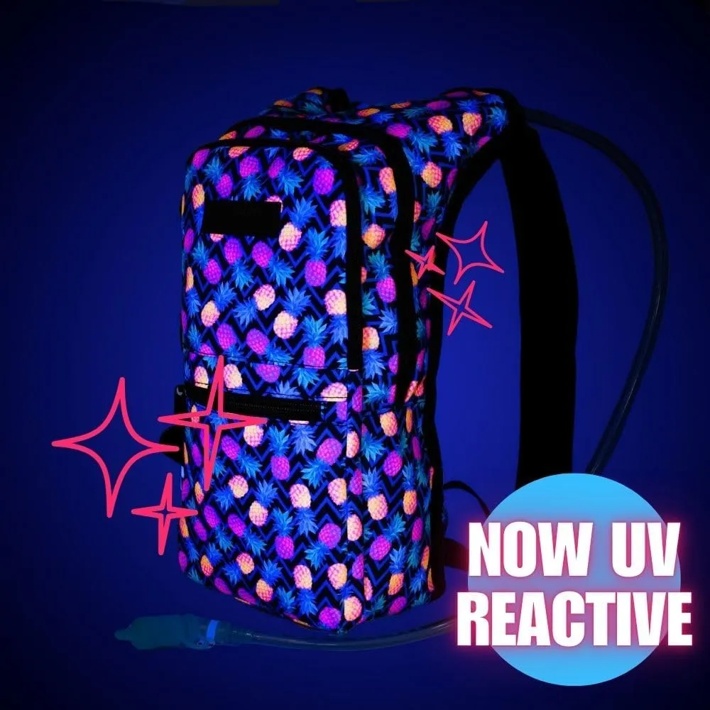 Kandies World Reflective Festival Hydration Pack - 2L Water Bladder for Raves, Hiking, Biking, Running, and More (Multi-Pocket Design)