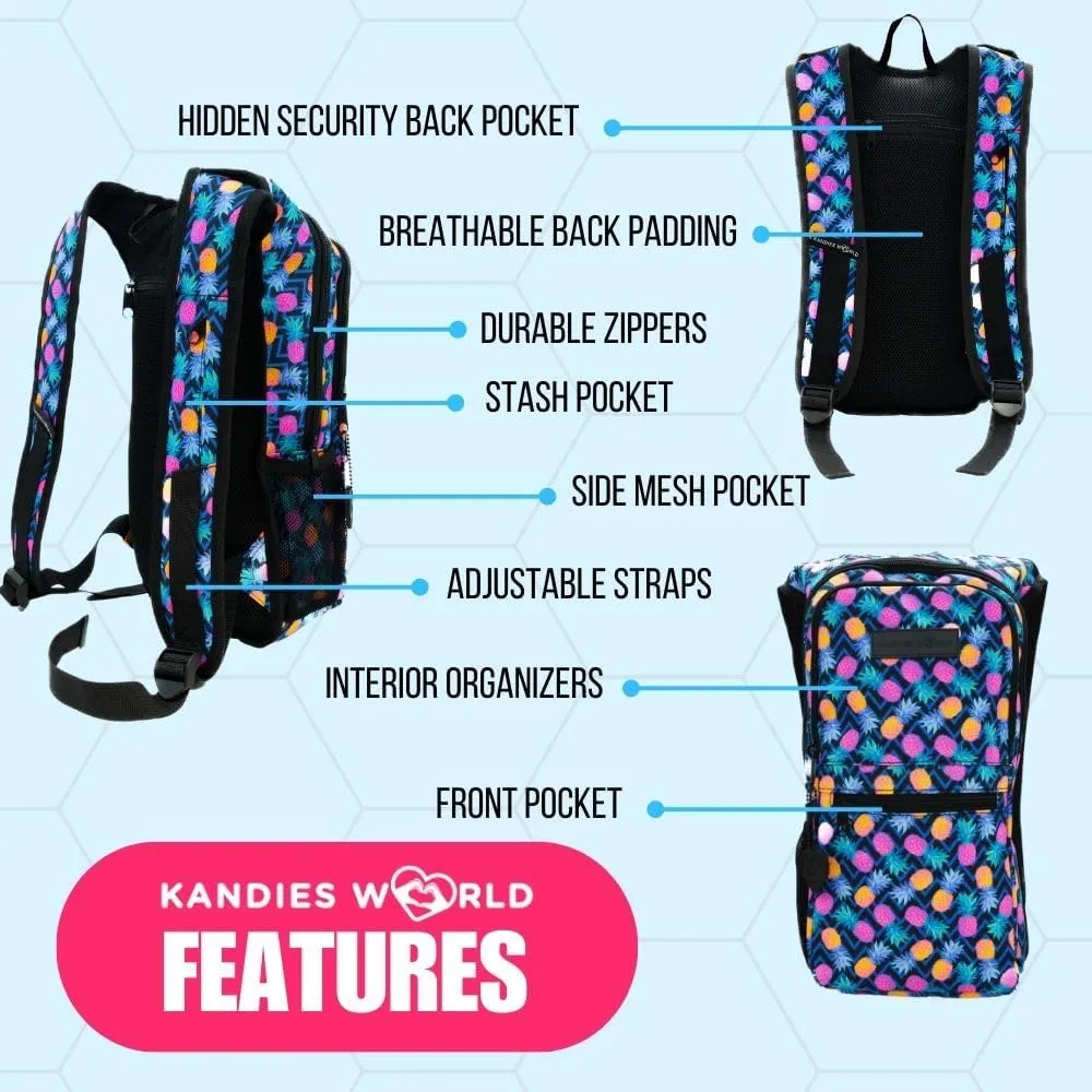 Kandies World Reflective Festival Hydration Pack - 2L Water Bladder for Raves, Hiking, Biking, Running, and More (Multi-Pocket Design)