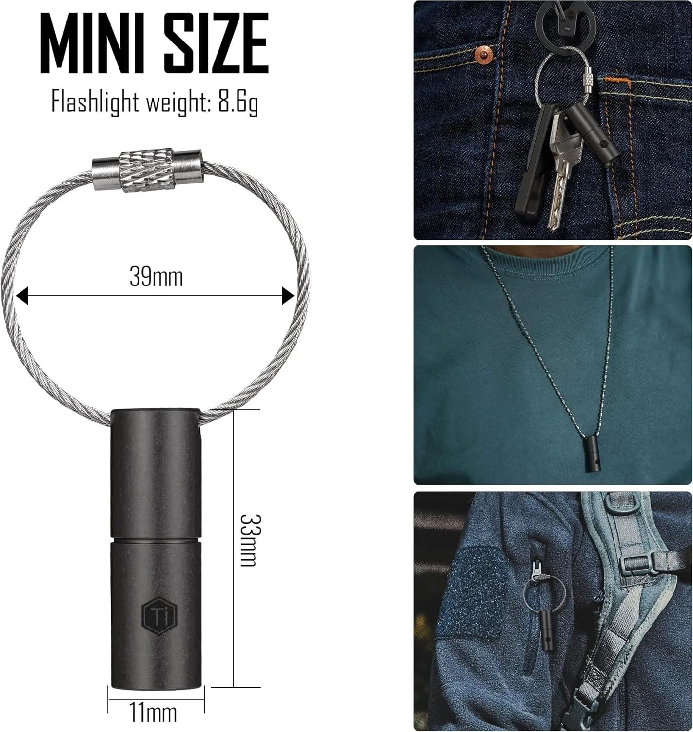 KeyUnity KF00 Titanium Mini Keychain LED Flashlight, 15 Lumens Waterproof Electric Torch Light Handheld Size Single Mode for Camping, Hiking, Climbing, Fishing, Backpacking (Black)